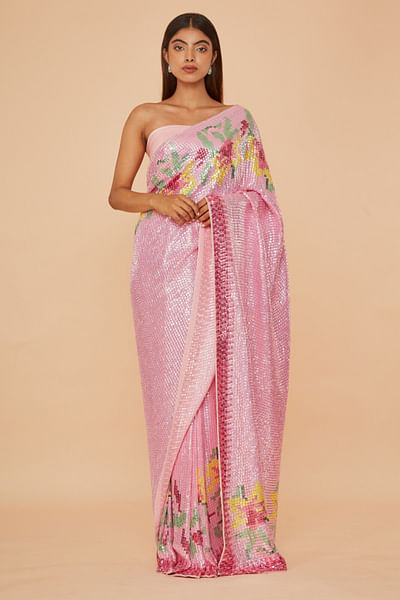 Pink sequin sari set