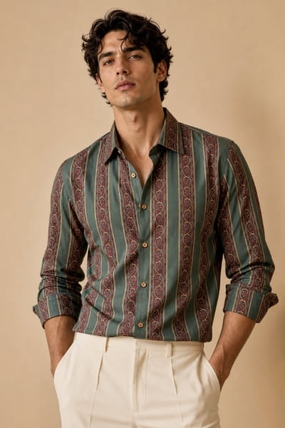 Mayank Modi Burgundy and green printed stripe shirt MAYAAUG26D151606