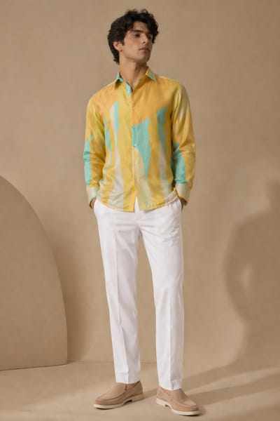 Mayank Modi Yellow and blue printed shirt MAYAAUG26D151609