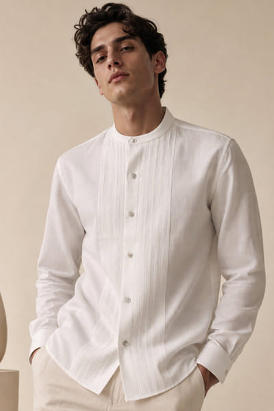 Mayank Modi White textured pintucked shirt MAYAAUG26D151610