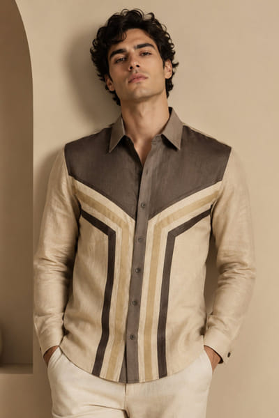 Mayank Modi Brown and ivory colourblocked shirt MAYAAUG26D151612