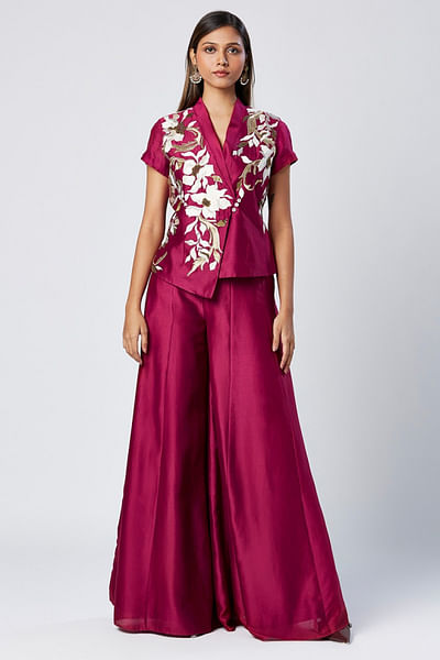 Purple wine floral embroidered top and pants