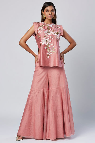 Coral peach floral embroidered top and gharara