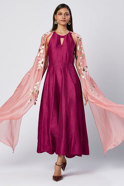 Purple wine halter neck dress and cape shawl