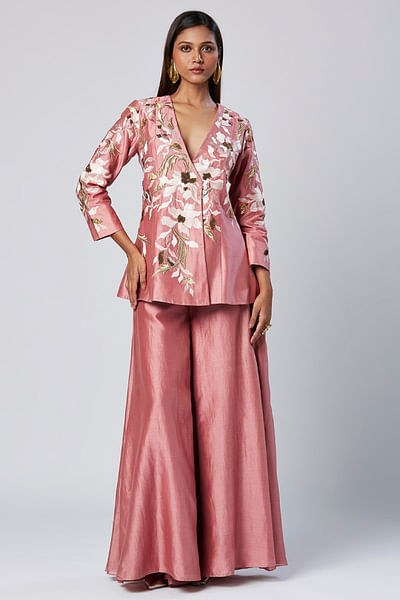 Coral peach embroidered peplum top and pants