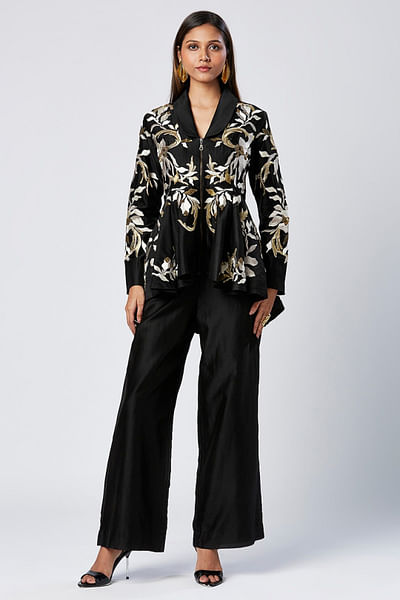 Black floral embroidered peplum top and pants