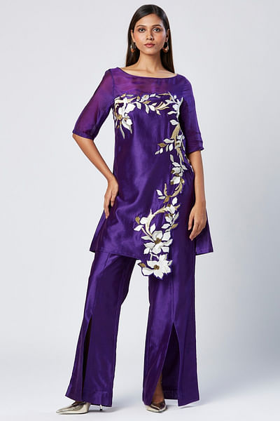 Purple floral embroidered tunic set