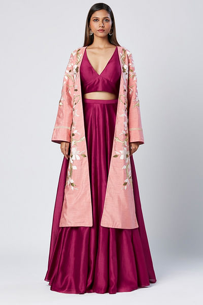 Purple wine floral embroidered jacket set