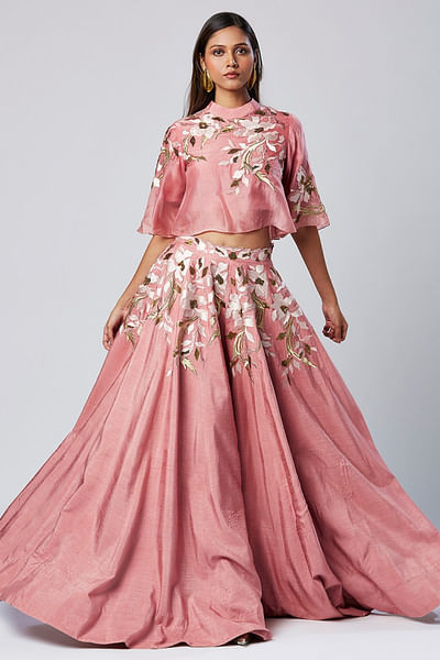 Rose pink floral embroidered skirt set