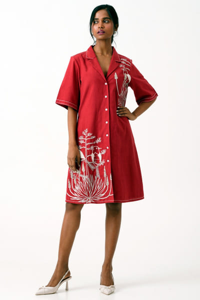 Madder Much Madder red flora fauna embroidered shirt dress MADMAR25D118873