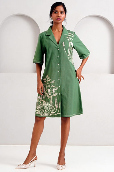 Pine green flora fauna embroidered shirt dress