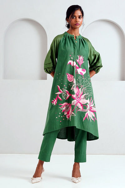 Pine green floral embroidered tunic set