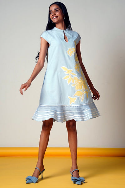 Ice blue handloom cotton short dress
