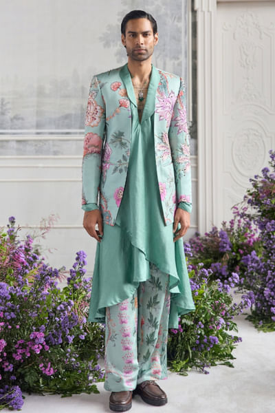 Jade green print embroidered kurta blazer set