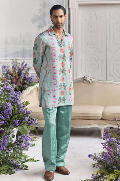 Jade green short printed kurta set