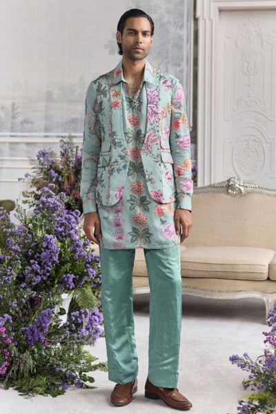 Jade green embroidered bundi kurta set