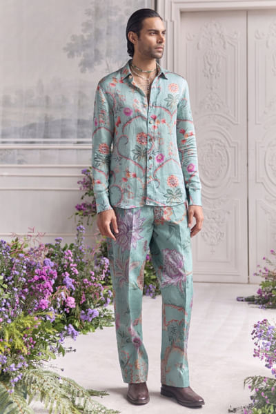 Jade green printed shirt and trouser set