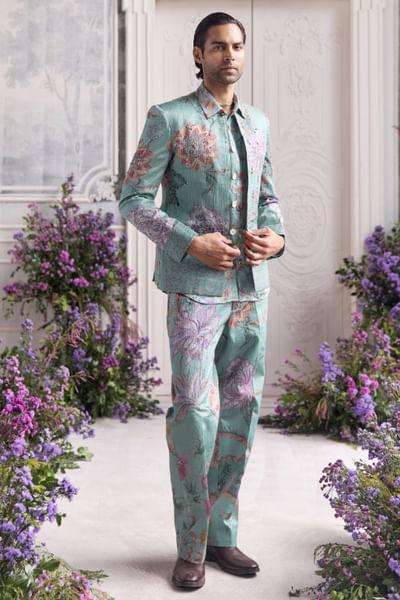 Jade green embroidered shirt blazer set