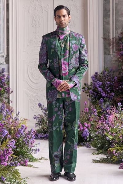 Forest green embroidered shirt blazer set