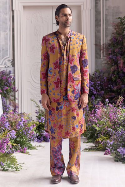 Amber yellow embroidered kurta blazer set