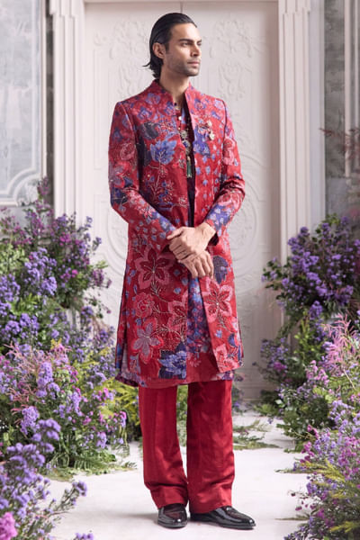 Royal red embroidered sherwani set