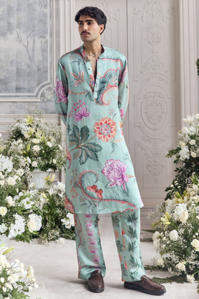 Jade green printed linen satin kurta set