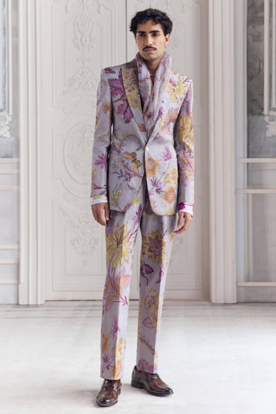 Steel lilac embroidered bandhgala set