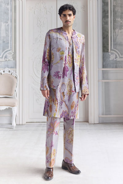 Steel lilac hand embroidered bundi kurta set