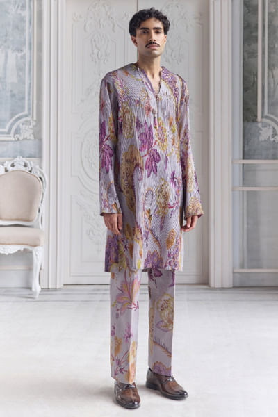 Steel lilac printed satin organza kurta set