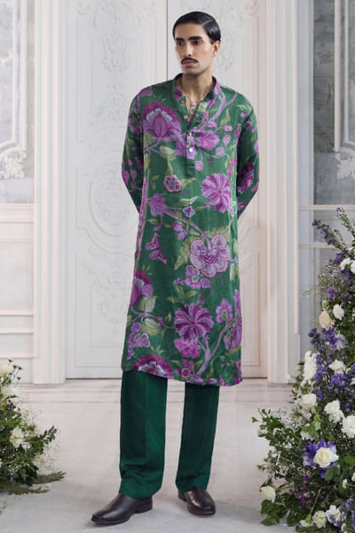 Forest green printed linen satin kurta set