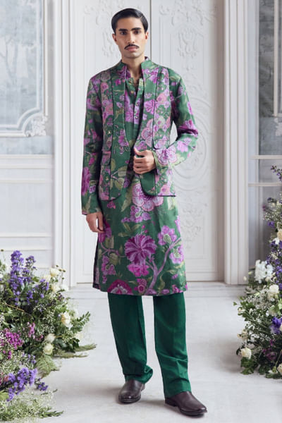 Forest green hand embroidered bundi kurta set