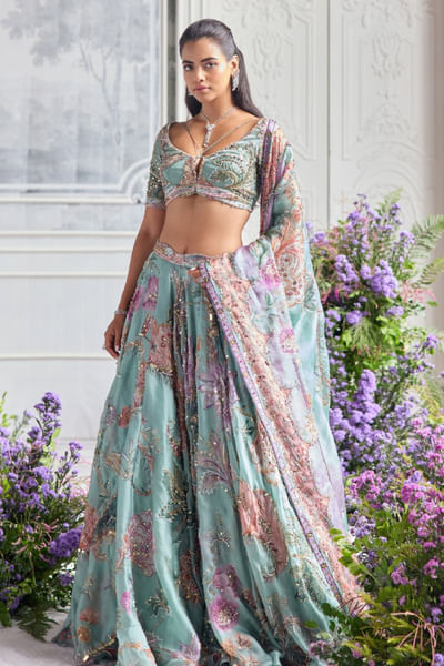 Jade green printed lehenga set
