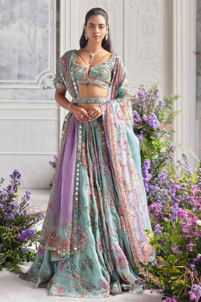 Jade green print embroidered lehenga set