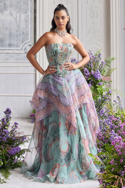 Jade green print embroidery corset lehenga set