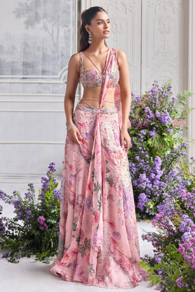 Blush pink printed sari set
