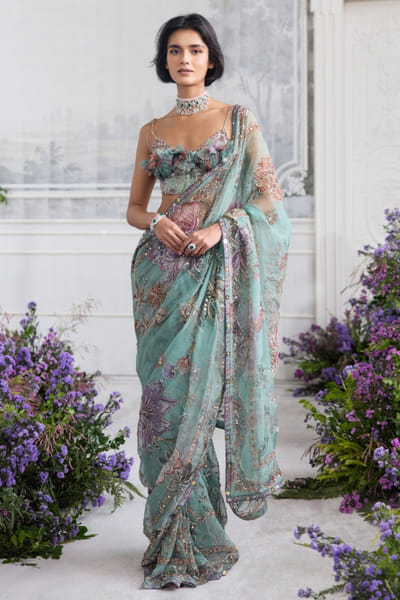 Jade green printed pre-draped sari set