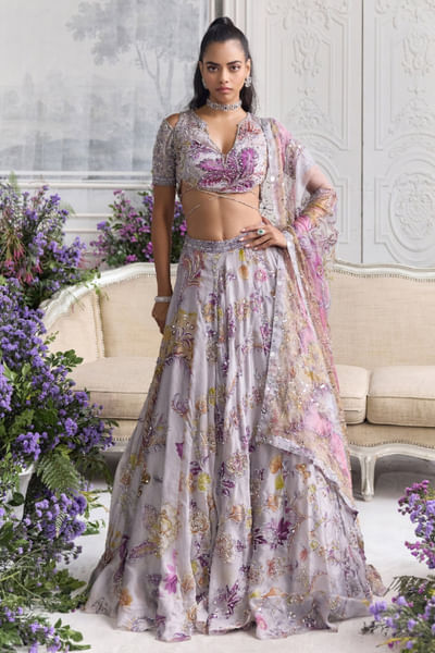 Lilac steel print embroidered lehenga set