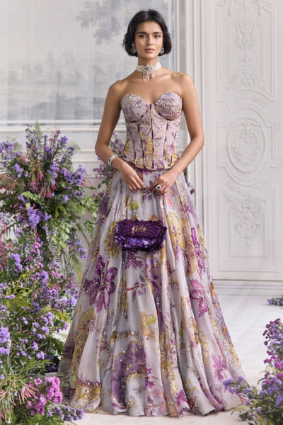 Lilac steel printed silk organza lehenga set