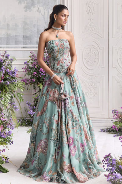 Jade green printed silk organza lehenga set