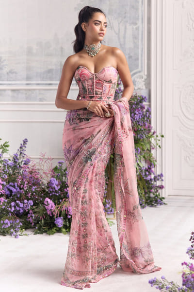 Blush pink pre-draped corset sari set