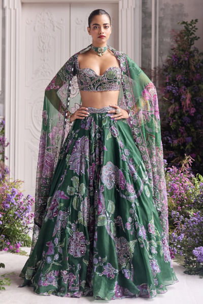 Forest green printed lehenga set
