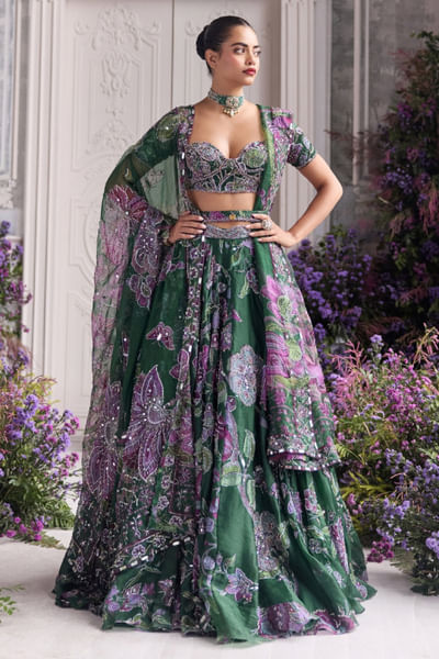 Forest green print embroidered lehenga set