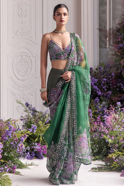Forest green printed pre-draped sari set