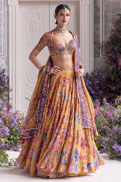 Amber yellow printed lehenga set