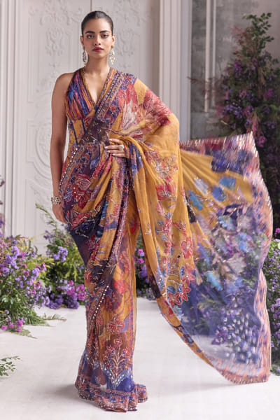 Amber yellow printed pre-draped sari set