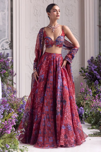 Royal red printed lehenga set