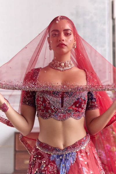 Royal red printed silk organza lehenga set 
