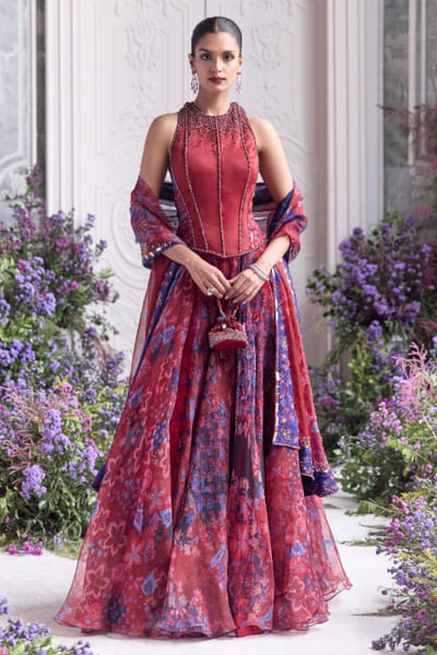 Royal red silk organza printed lehenga set