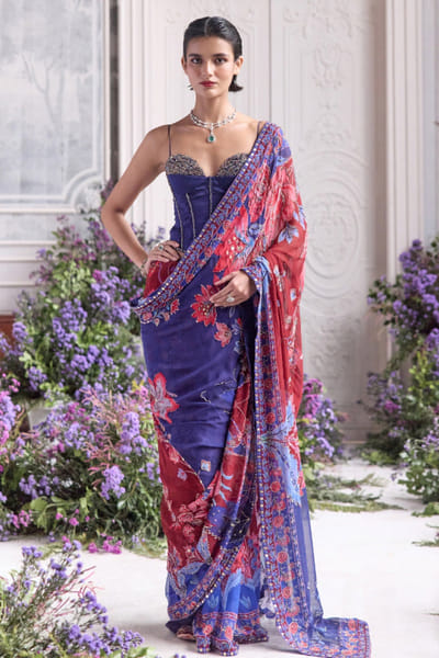 Royal red printed pre-draped sari set