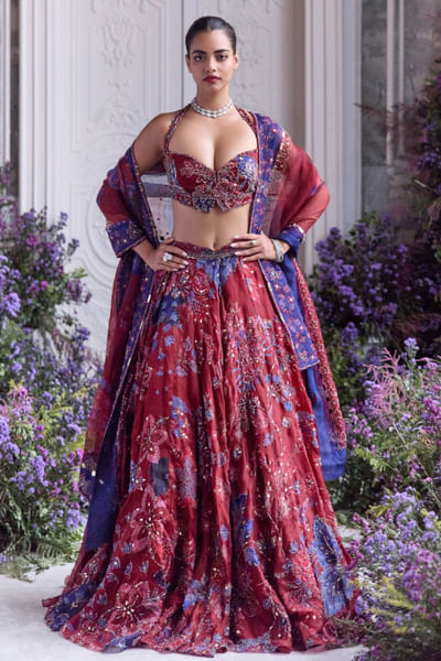 Royal red embroidery printed lehenga set